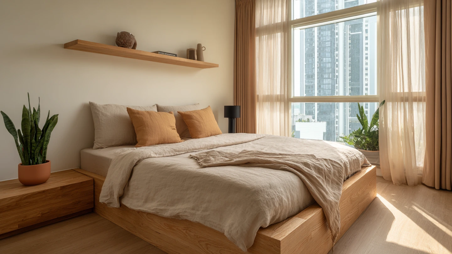 Japandi bedroom with warm white walls and solid timber bed frame in Kuala Lumpur condo Japandi bedroom with warm white walls and solid timber bed frame in Kuala Lumpur condo