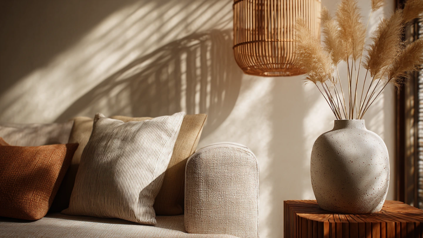 Japandi living room detail showing rattan, linen cushions, and ceramic decor in Malaysian home Japandi living room detail showing rattan, linen cushions, and ceramic decor in Malaysian home