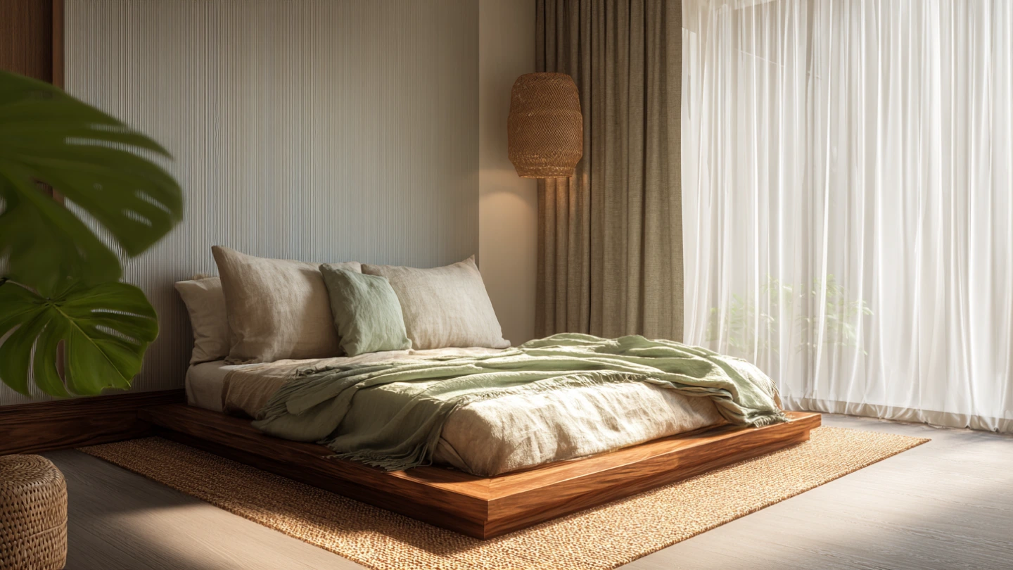 Low platform bed with natural linen bedding in Japandi-style bedroom, Klang Valley condo Low platform bed with natural linen bedding in Japandi-style bedroom, Klang Valley condo