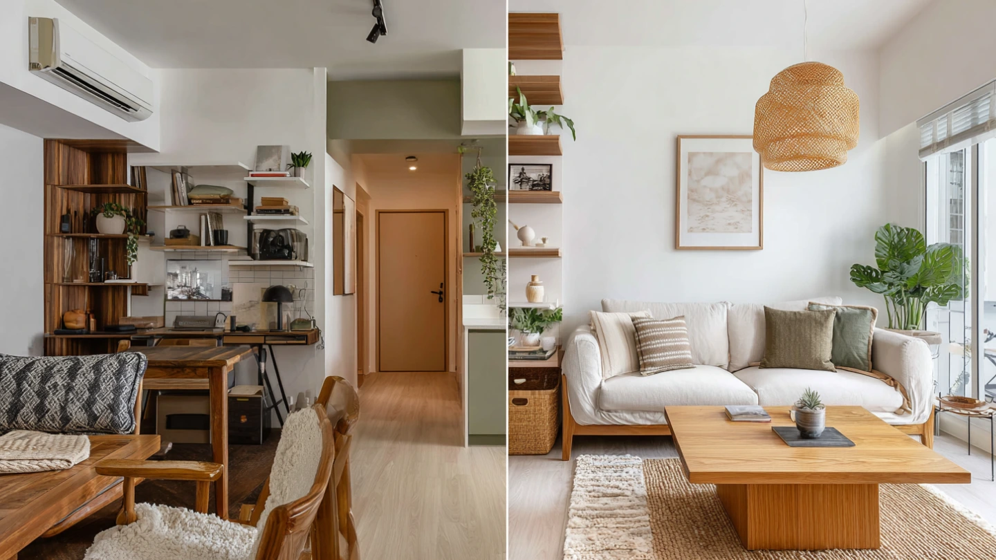 Before and after Japandi transformation of a Malaysian condo living room — neutral, calm, minimal Before and after Japandi transformation of a Malaysian condo living room — neutral, calm, minimal