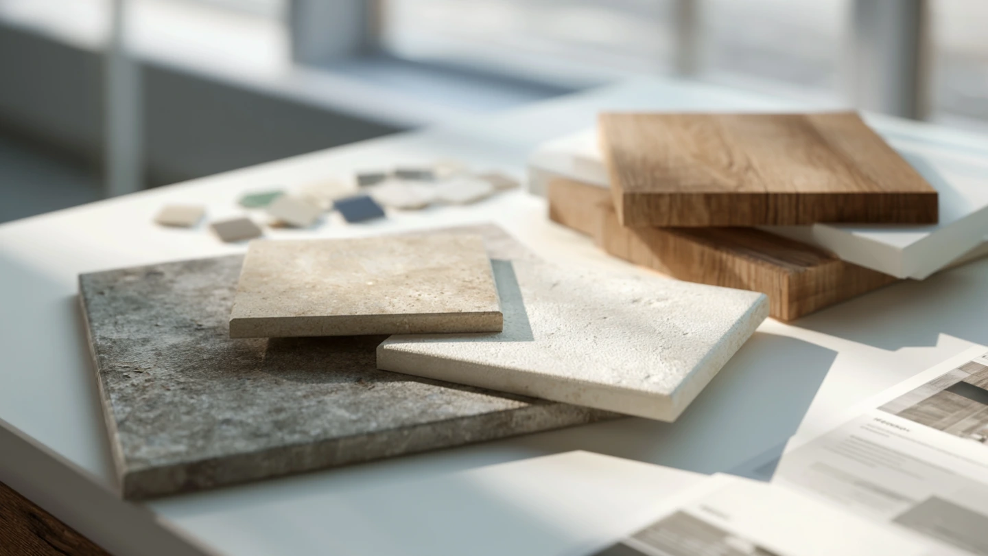 Renovation material samples including porcelain tiles and wood laminates spread out for comparison in Malaysia Renovation material samples including porcelain tiles and wood laminates spread out for comparison in Malaysia