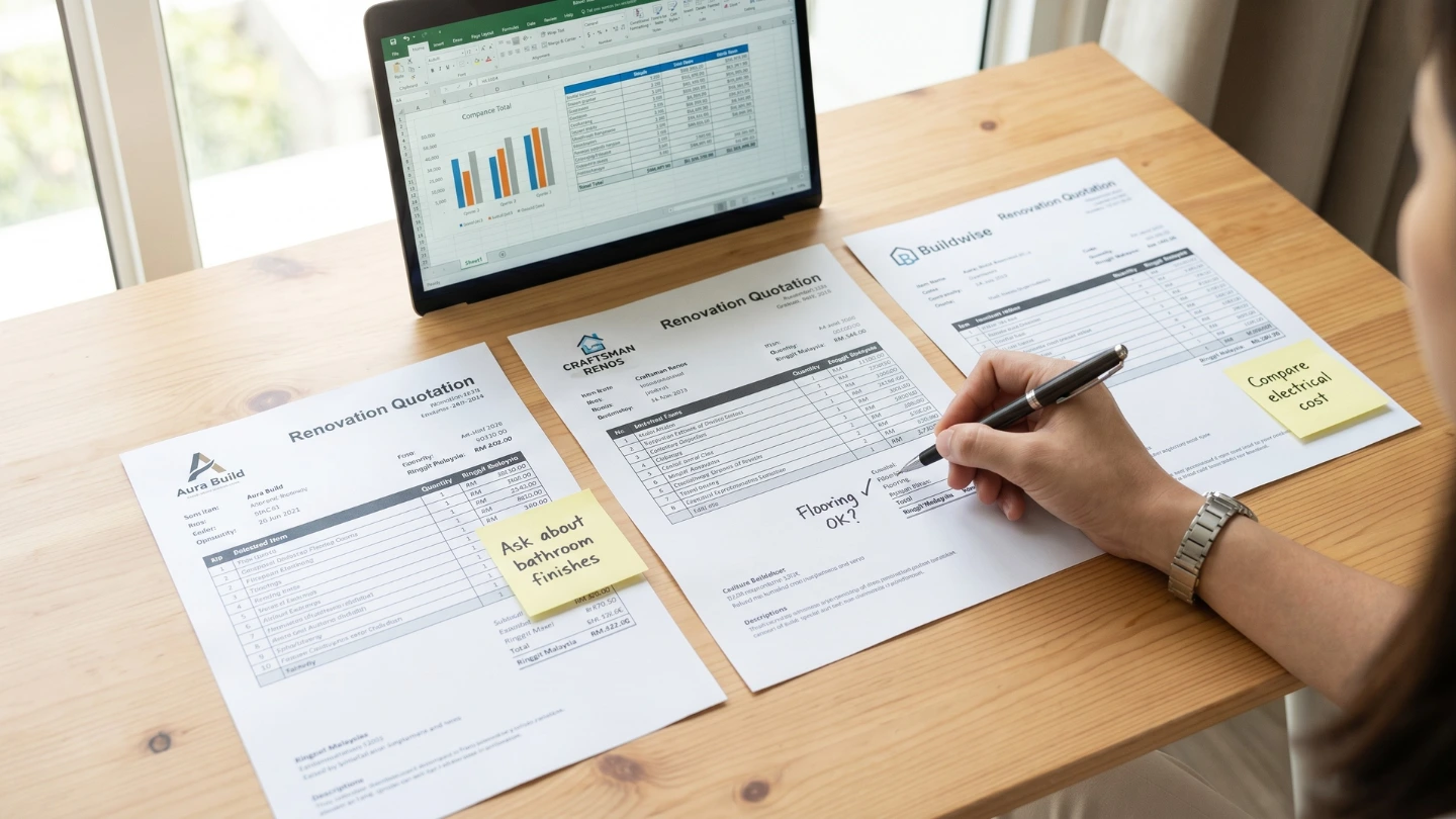 Three renovation quotation documents laid side by side for comparison on desk in Malaysian home Three renovation quotation documents laid side by side for comparison on desk in Malaysian home