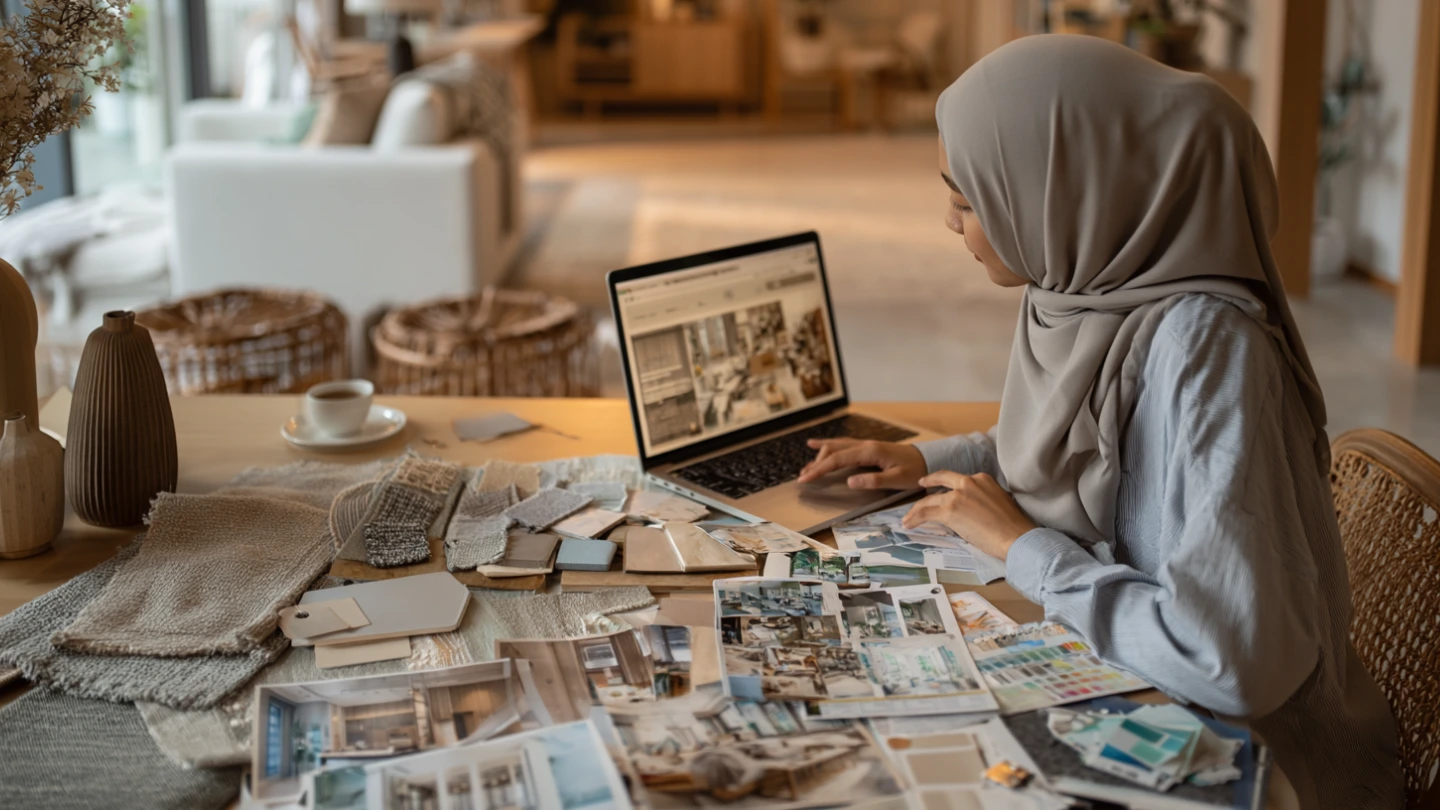 Malaysian homeowner creating a mood board with fabric swatches and design inspiration photos for condo renovation Malaysian homeowner creating a mood board with fabric swatches and design inspiration photos for condo renovation