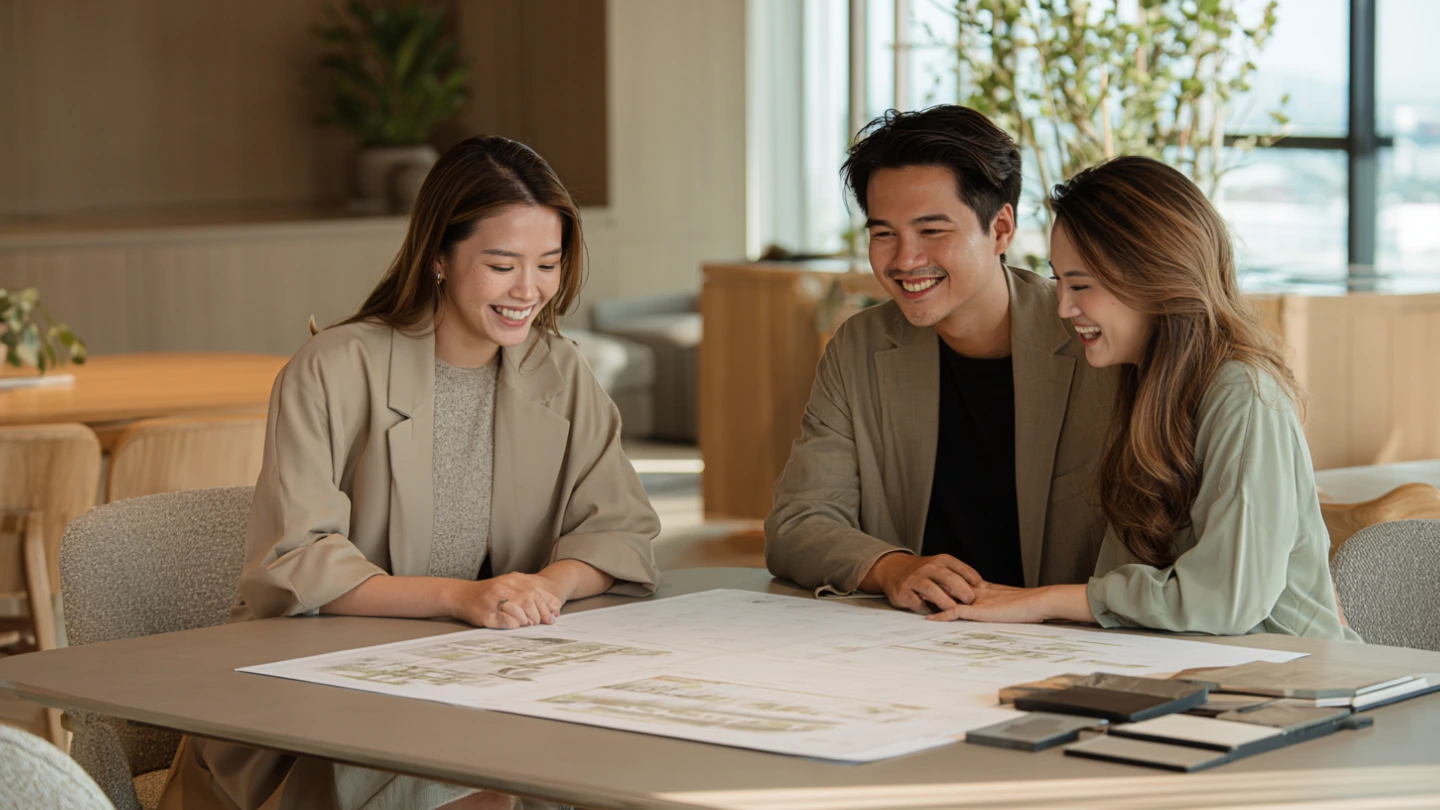 Interior designer and homeowner reviewing design plans in a Kuala Lumpur consultation meeting Interior designer and homeowner reviewing design plans in a Kuala Lumpur consultation meeting
