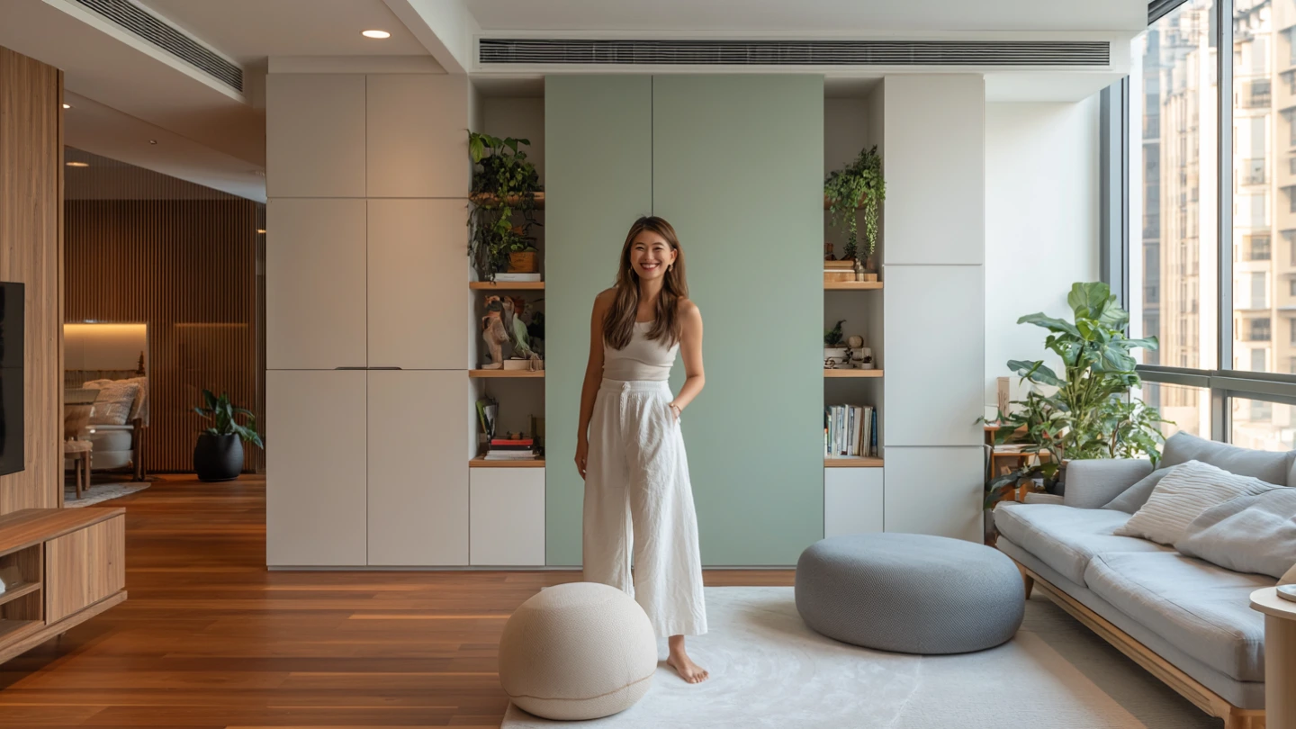 Happy Malaysian homeowner standing in their newly renovated modern living room in Kuala Lumpur Happy Malaysian homeowner standing in their newly renovated modern living room in Kuala Lumpur