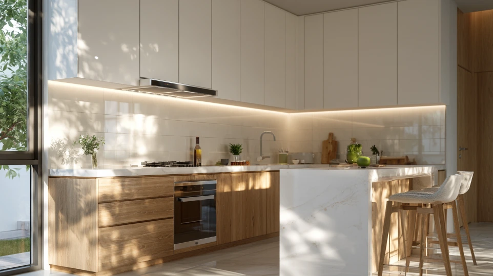 Modern kitchen fit-out in Shah Alam with handleless cabinets and quartz countertop