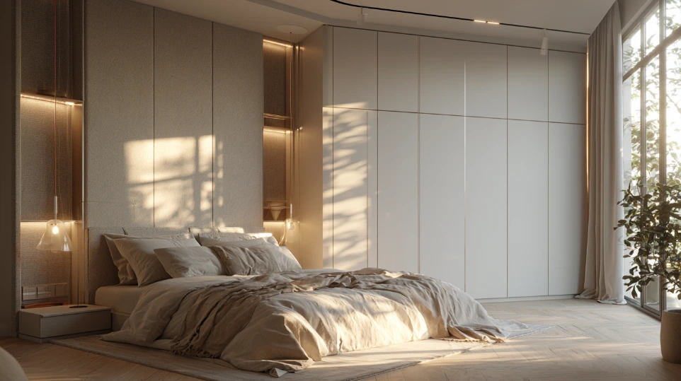 Master bedroom interior design in Shah Alam with built-in wardrobe and upholstered headboard