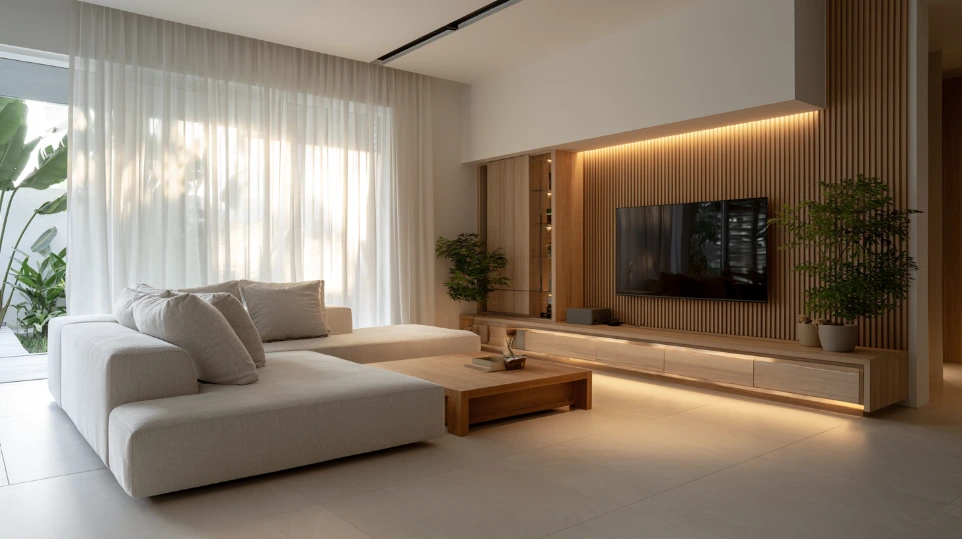 Minimalist living room renovation in Shah Alam with custom TV feature wall and timber cabinetry