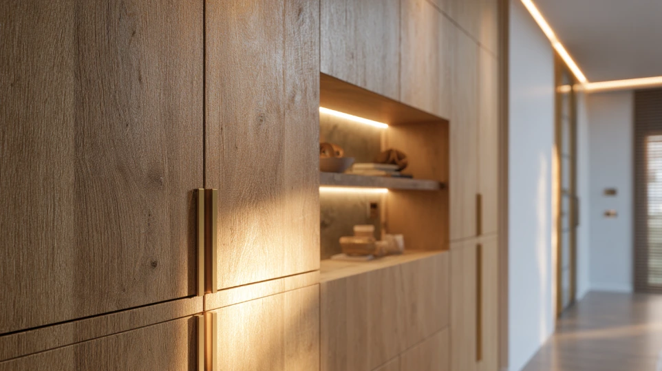 Custom built-in cabinetry detail with oak veneer finish and integrated LED lighting — Reka Interior Shah Alam