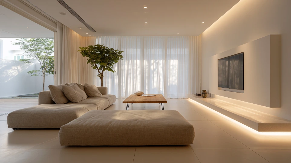 Minimalist living room interior design in Shah Alam with cream floor tiles, low-profile sofa and clean feature wall