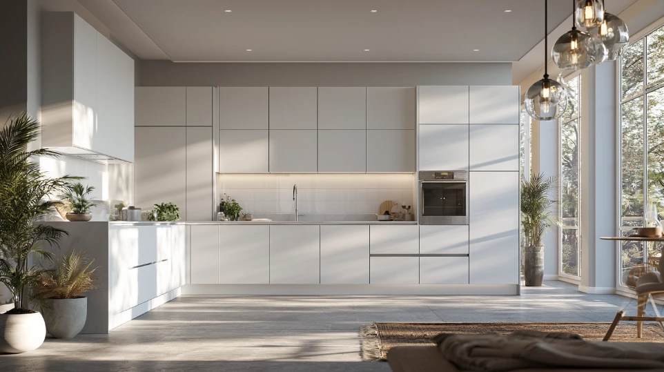 Minimalist kitchen with handleless white cabinets and fully integrated appliances — interior design Shah Alam