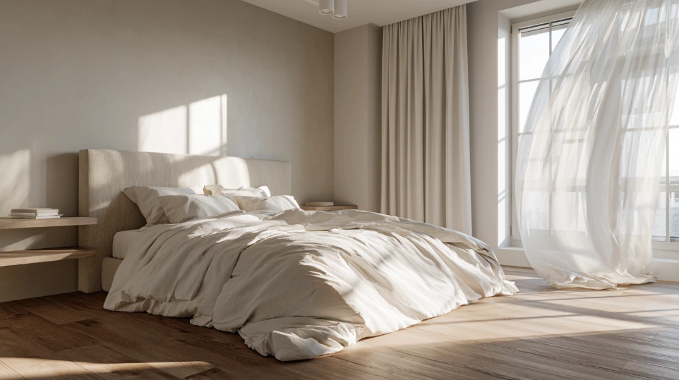 Minimalist bedroom design with neutral palette, simple upholstered headboard and floor-to-ceiling built-in wardrobe
