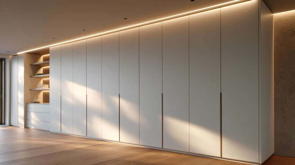 Floor-to-ceiling minimalist built-in wardrobe with push-to-open matte white doors and top LED strip lighting