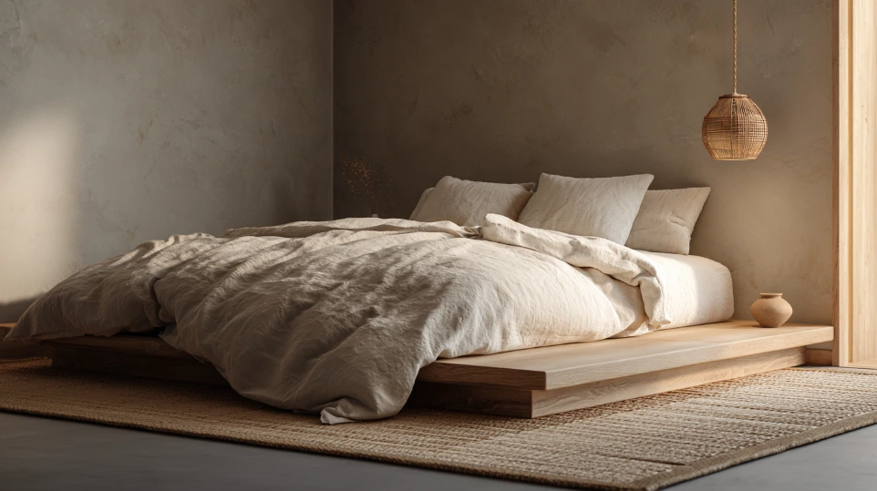 Japandi bedroom with low platform oak bed frame, natural linen bedding and wabi-sabi ceramic accents