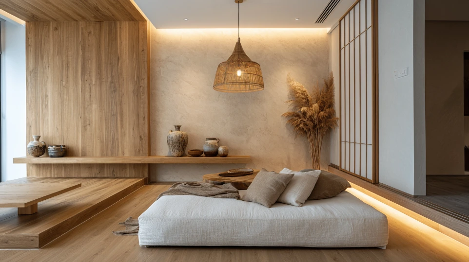 Japandi style living room in Shah Alam with natural oak timber cladding, rattan pendant light and earthy tones