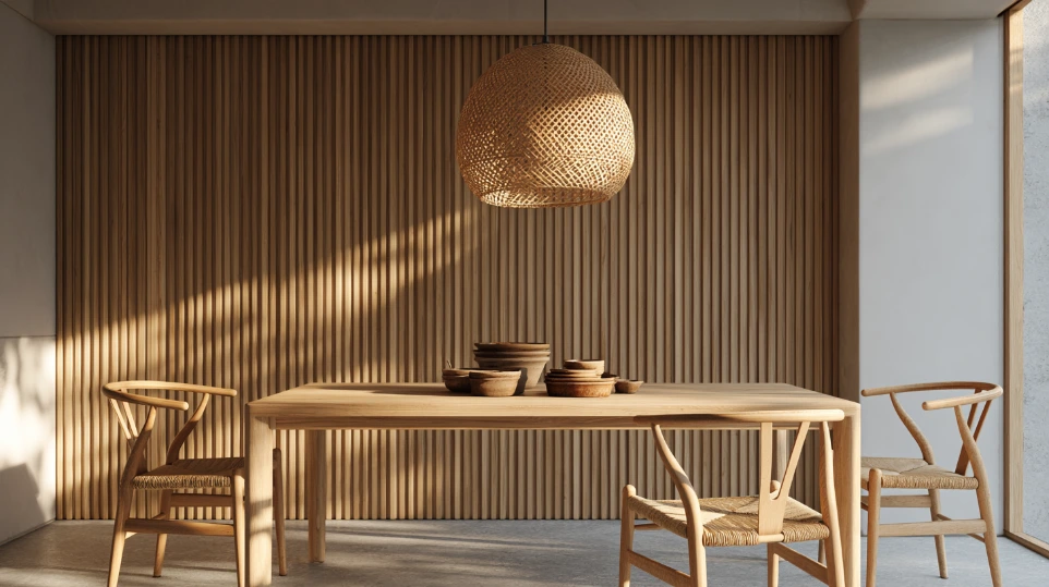 Japandi dining area with solid oak table, rattan pendant light and warm timber slat wall panel