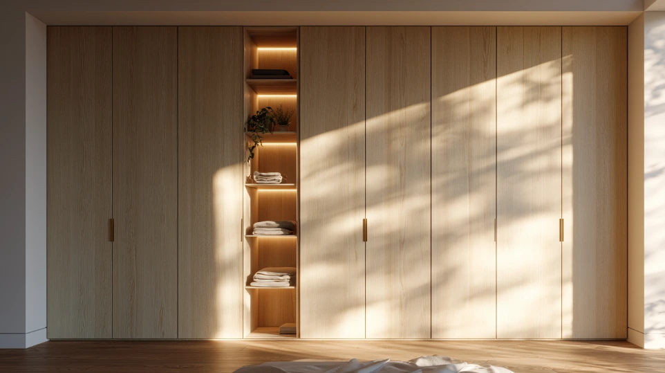 Japandi built-in wardrobe with warm ash veneer doors, brushed brass pulls and open display shelf section