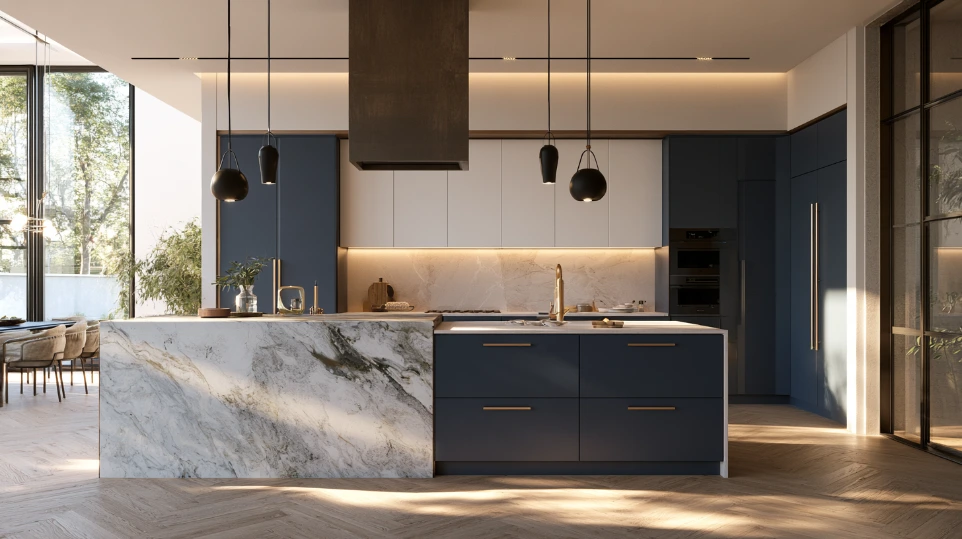 Contemporary two-tone kitchen with navy lower cabinets, marble waterfall island and brushed gold hardware