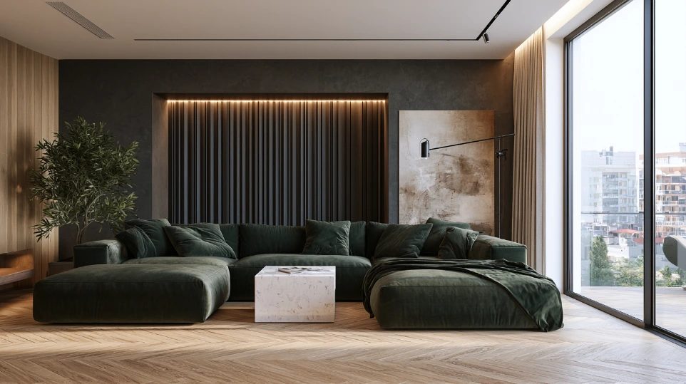 Modern contemporary living room in Shah Alam with dark fluted timber feature wall and indirect LED cove lighting