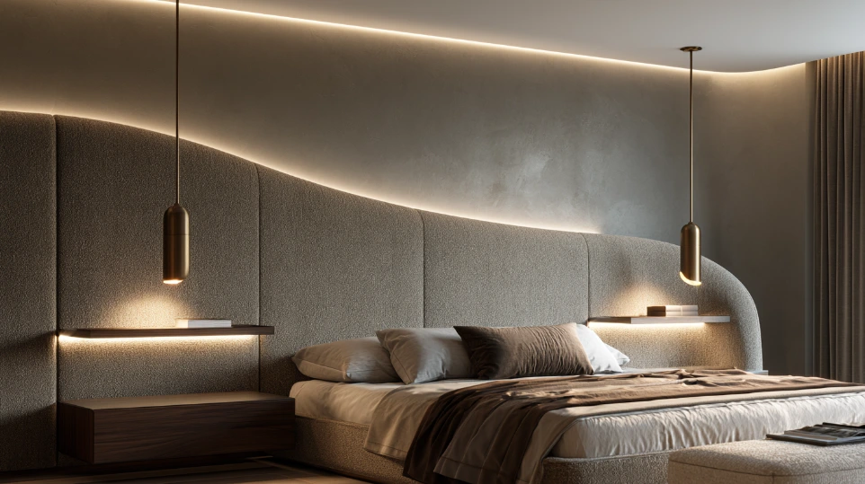 Contemporary master bedroom with full-width curved bouclé headboard, cove ceiling lighting and brass pendants