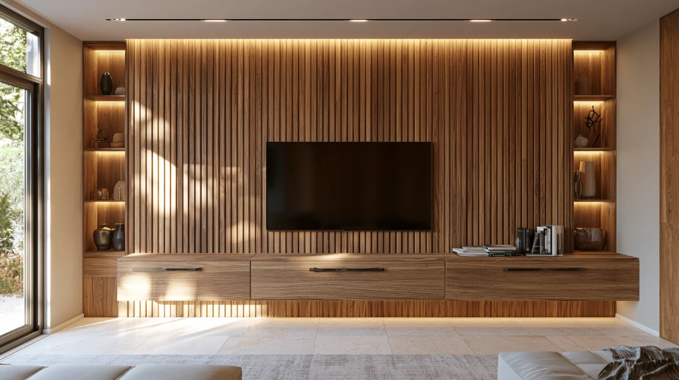 Modern TV feature wall with walnut fluted panels, floating cabinet and hidden LED strip lighting — Shah Alam renovation