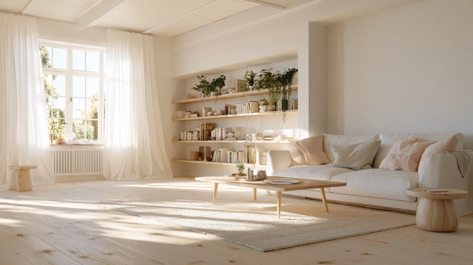 Scandinavian living room in Shah Alam with white walls, blonde timber flooring and open wall shelving