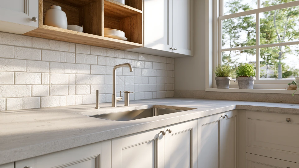 Scandinavian kitchen with white shaker cabinets, open timber shelving and classic subway tile backsplash