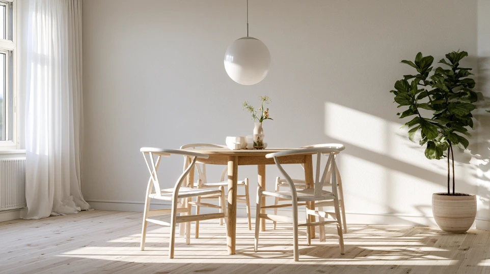 Scandinavian dining room with white walls, round solid oak table and natural light — interior design Shah Alam