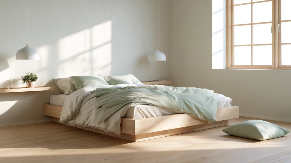 Scandinavian bedroom with white and sage green palette, simple timber bed frame and floating side shelves