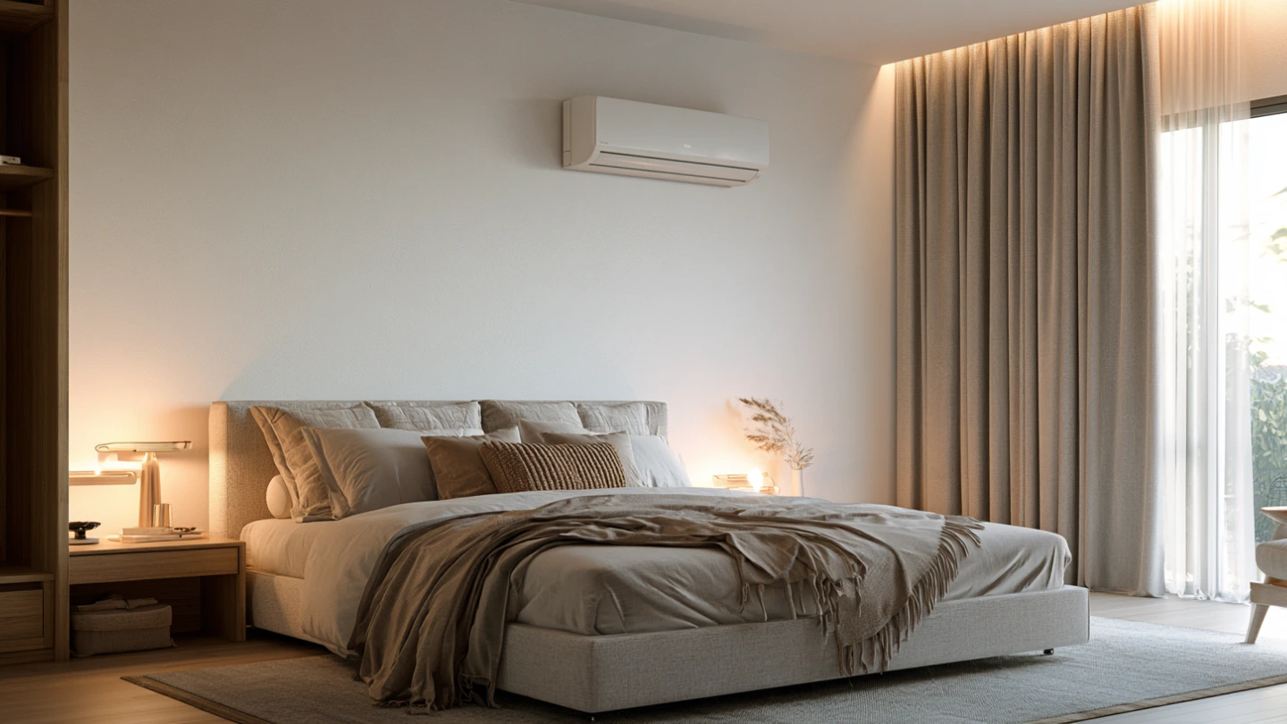 Split unit aircon installed on bedroom wall in modern Malaysian condo with white walls Split unit aircon installed on bedroom wall in modern Malaysian condo with white walls