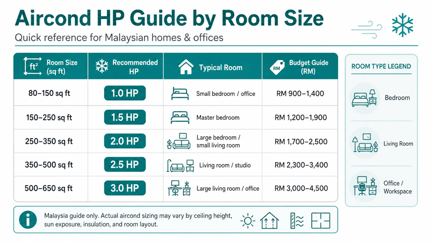 HP sizing guide chart for Malaysian homeowners showing room size and recommended aircon capacity HP sizing guide chart for Malaysian homeowners showing room size and recommended aircon capacity