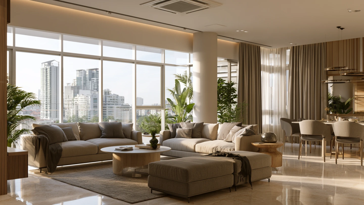 Open-plan living and dining room with ceiling cassette aircon in Kuala Lumpur condo Open-plan living and dining room with ceiling cassette aircon in Kuala Lumpur condo