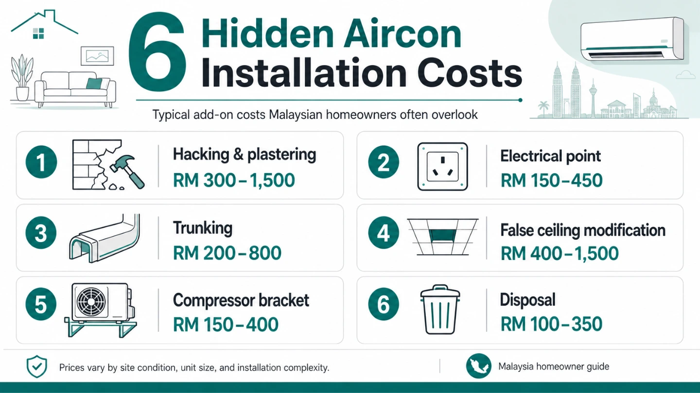 Infographic showing hidden aircon installation costs in Malaysia including hacking, wiring, and trunking Infographic showing hidden aircon installation costs in Malaysia including hacking, wiring, and trunking