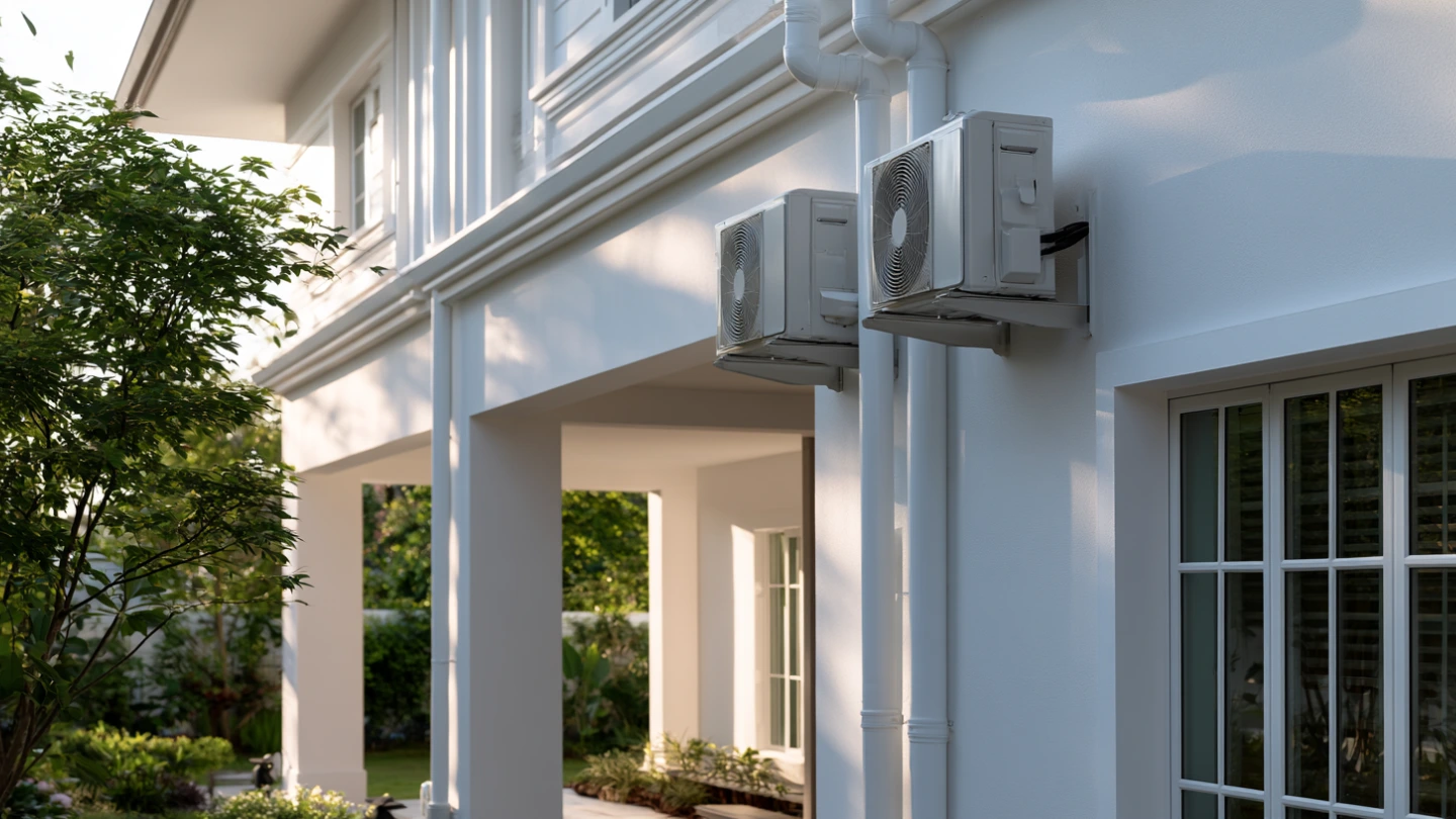 Aircon outdoor compressor units properly mounted on terrace house exterior wall in Malaysia Aircon outdoor compressor units properly mounted on terrace house exterior wall in Malaysia