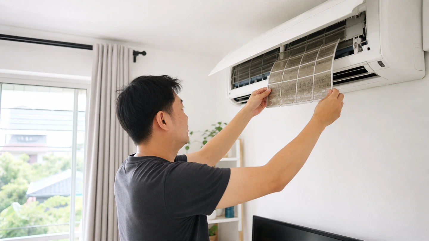Homeowner cleaning aircon filter during routine maintenance in Malaysian home Homeowner cleaning aircon filter during routine maintenance in Malaysian home
