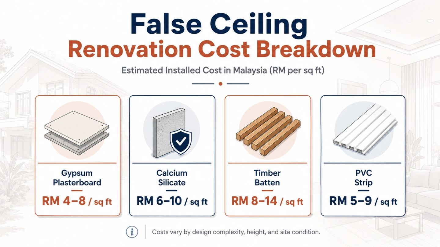 Infographic showing false ceiling types and RM cost breakdown for Malaysian homes