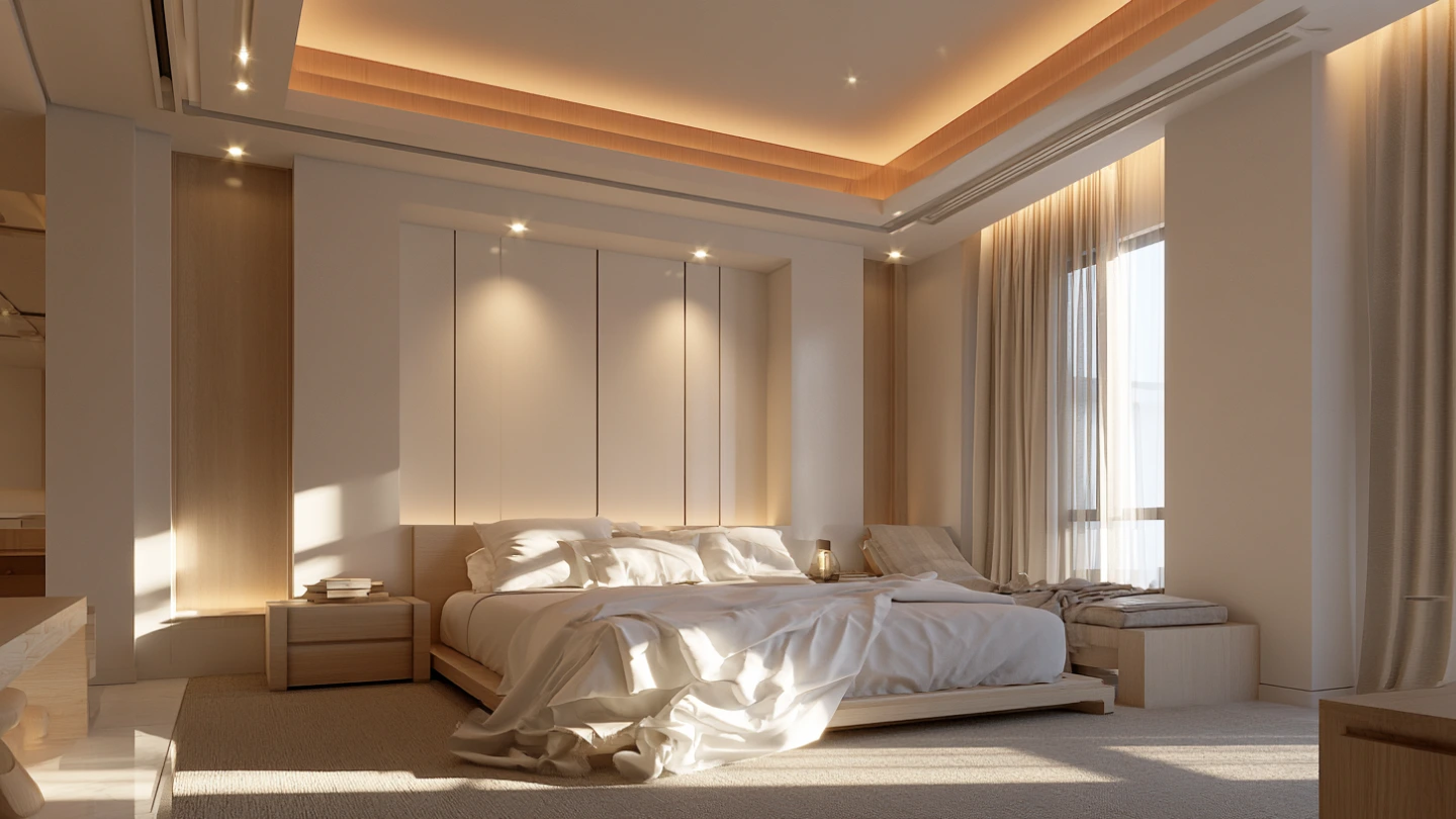 Gypsum false ceiling with warm LED cove lighting in a Malaysian master bedroom