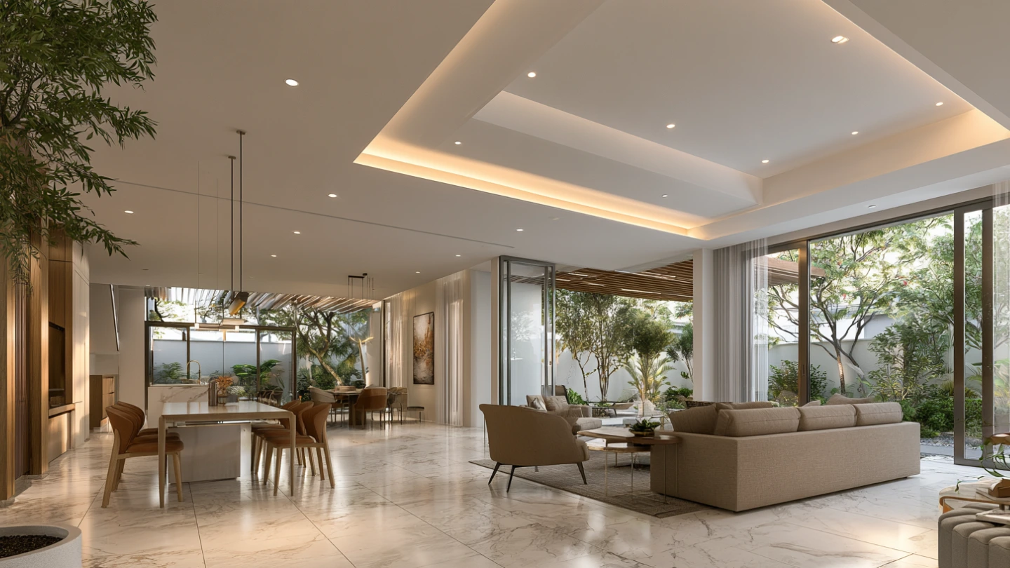 Two-tier gypsum false ceiling defining living and dining zones in a Malaysian home