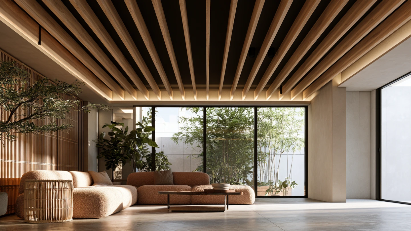 Timber batten false ceiling in a Japandi-style living room in a Kuala Lumpur landed home
