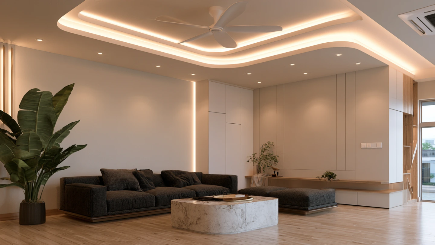 Completed false ceiling with LED cove lighting in a Reka Interior renovation project in KL