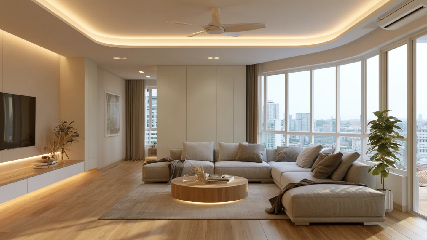 Modern false ceiling with cove lighting in a bright Kuala Lumpur condo living room