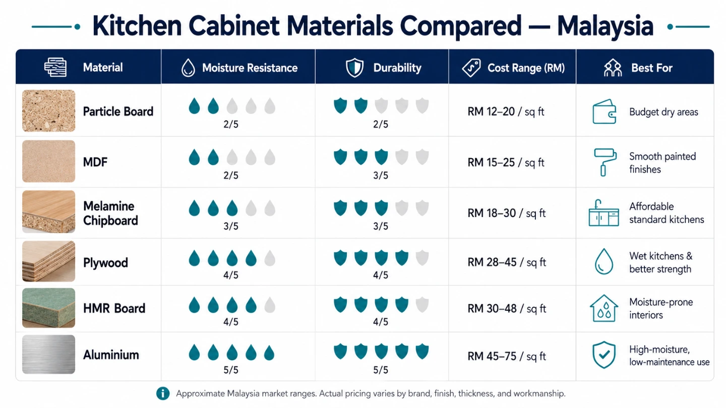 Infographic comparing 6 kitchen cabinet materials by cost, moisture resistance and durability for Malaysian homes Infographic comparing 6 kitchen cabinet materials by cost, moisture resistance and durability for Malaysian homes