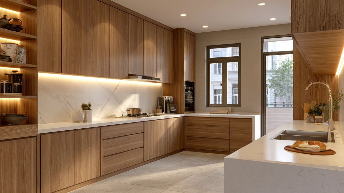 HPL-finished kitchen cabinet doors in wood-grain texture in a Malaysian terrace house renovation HPL-finished kitchen cabinet doors in wood-grain texture in a Malaysian terrace house renovation