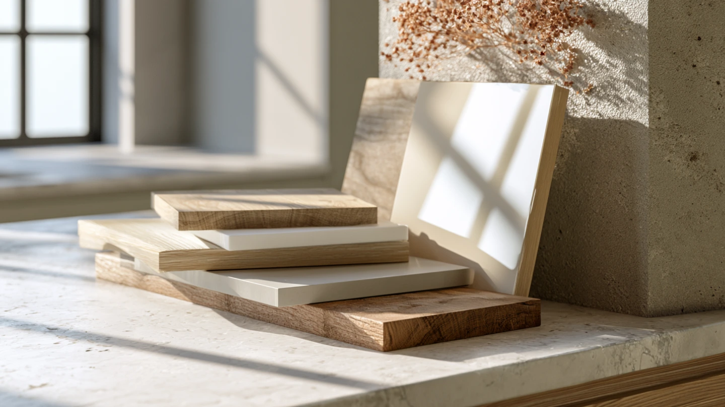Overview of kitchen cabinet material samples laid out for comparison in a Malaysian home setting Overview of kitchen cabinet material samples laid out for comparison in a Malaysian home setting