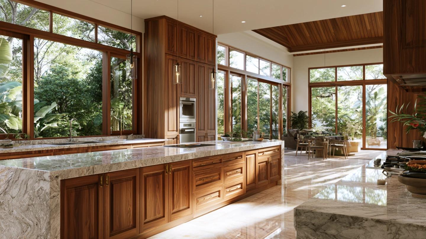 Premium solid wood kitchen cabinets with natural timber grain finish in a Malaysian bungalow Premium solid wood kitchen cabinets with natural timber grain finish in a Malaysian bungalow